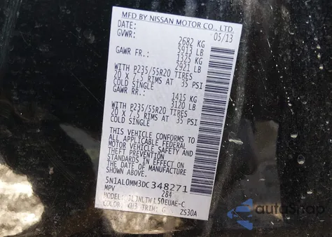 2013 Infiniti Jx35 z USA, uszkodzony, nr VIN 5N1AL0MM3DC348271